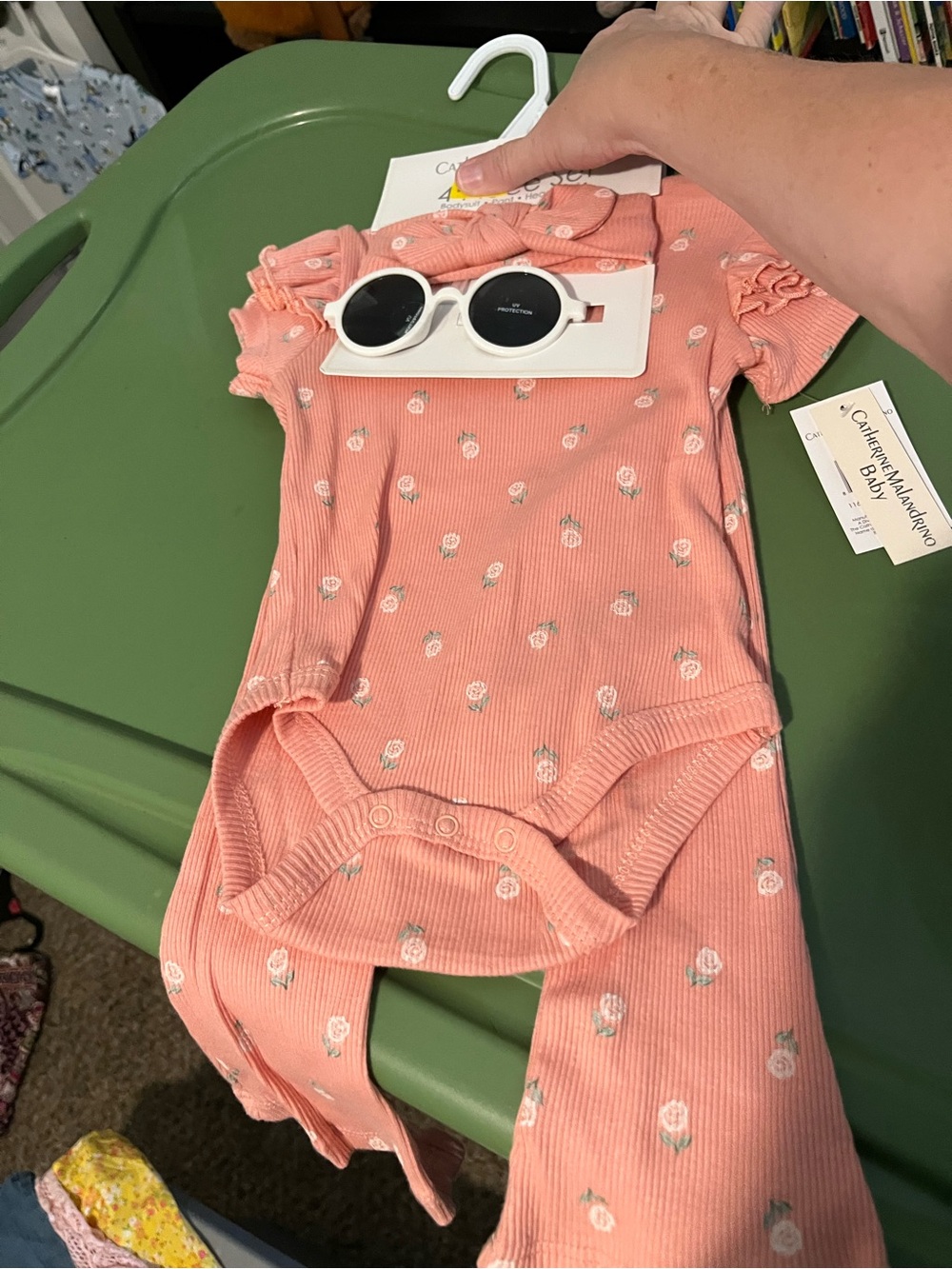 Catherine Malandrino Peach Pink Floral Ribbed Baby Bodysuit Set